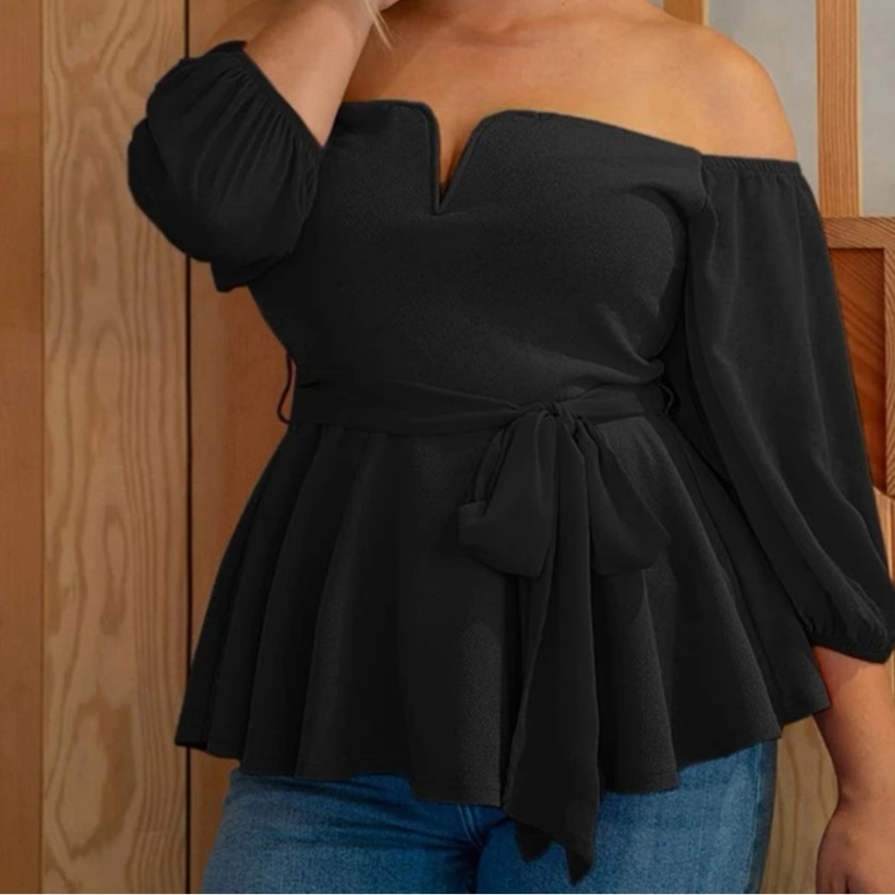 Shein notched off shoulder belted peplum top